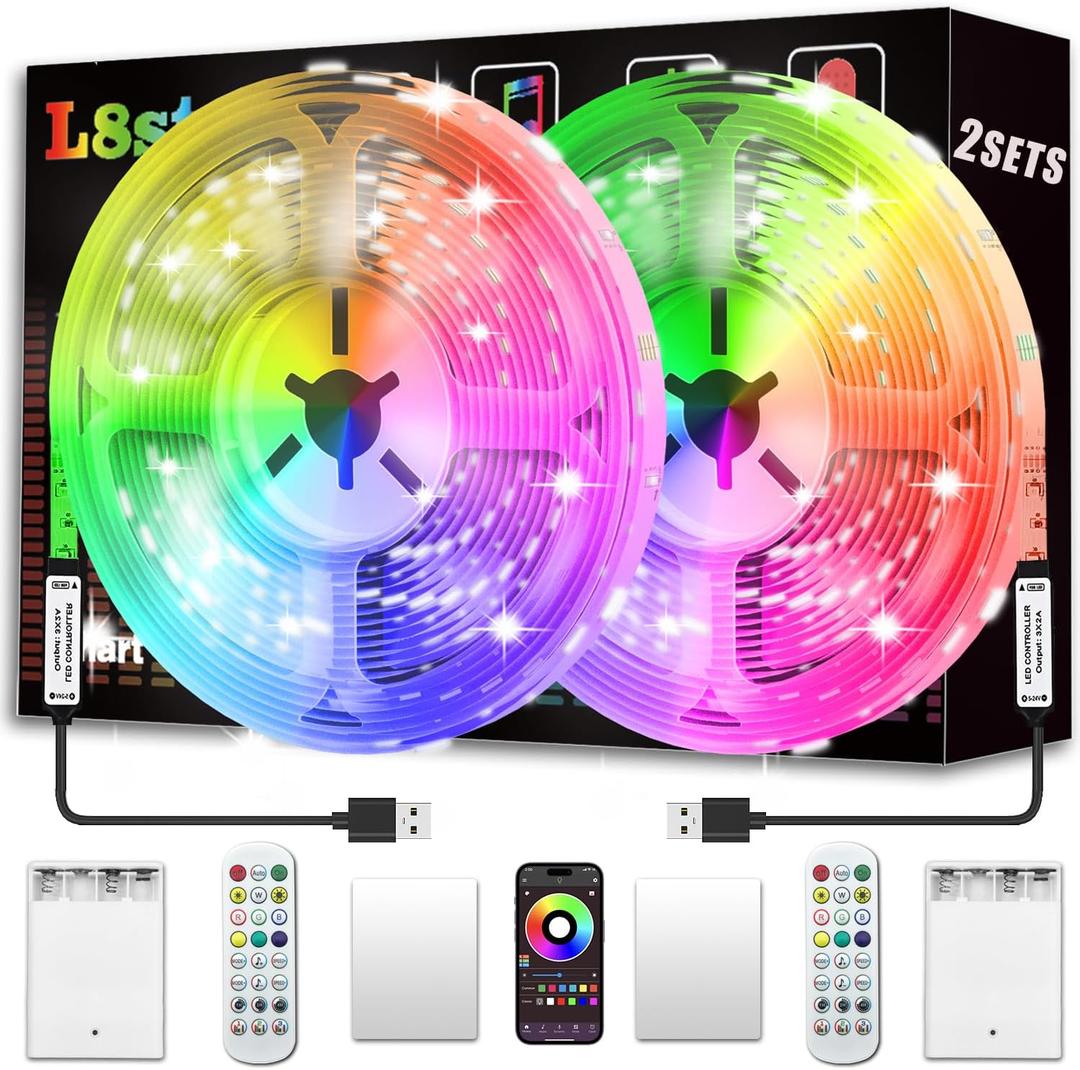 L8star Battery Powered Led Strip Lights 13ft, 2x6.5ft USB/Battery Operated RGB LED Lights Birthday Christmas Gift with Remote for TV Backlight, Bedroom, Camping