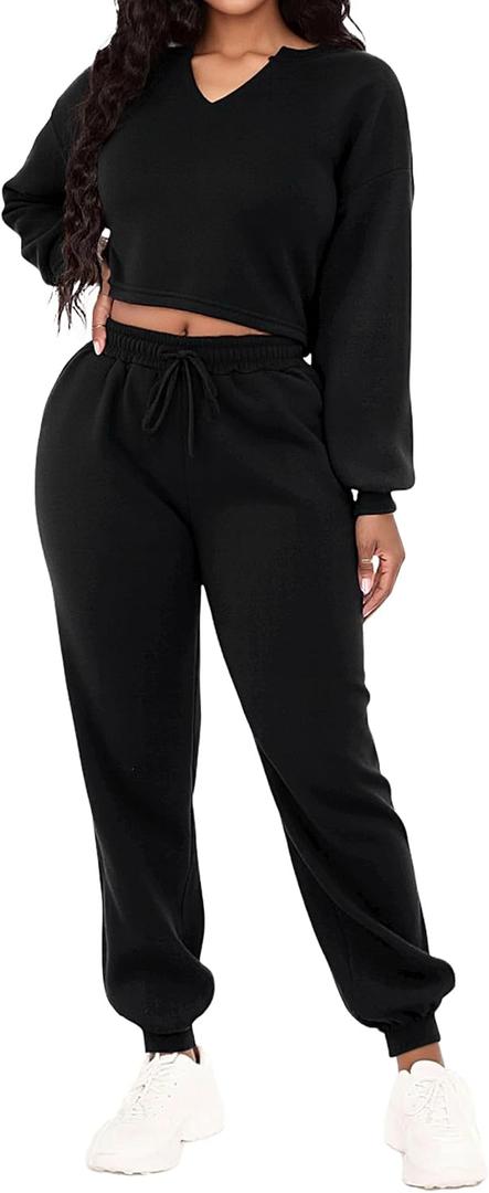 LovelyWholesale Women Sweatsuits 2 Piece Set V Neck Cropped Sweatshirt and Jogger Set Black Large (Black, L)