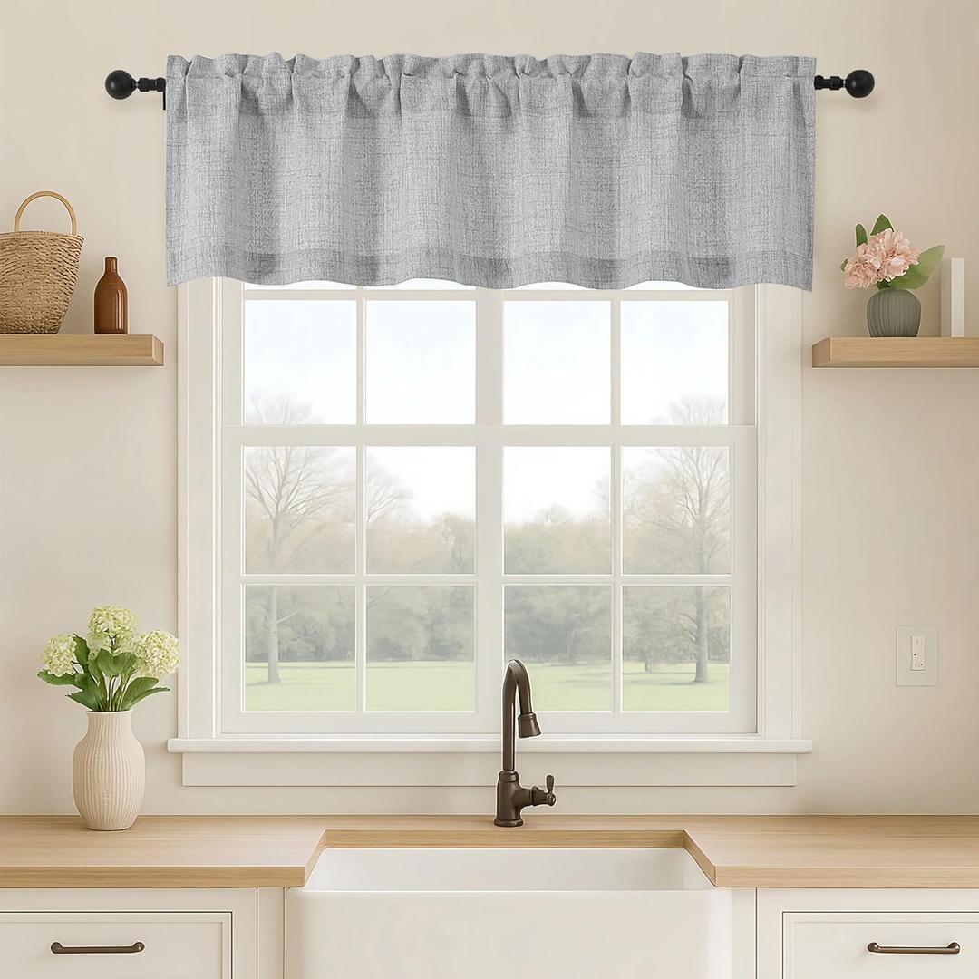 OVZME Grey Valance for Windows, Light Filtering Faux Linen Textured Small Short Valance Kitchen Curtain, Dual Rod Pocket Top Short Window Curtain for Bathroom Basement Farmhouse, 1 Piece, 60Wx12L