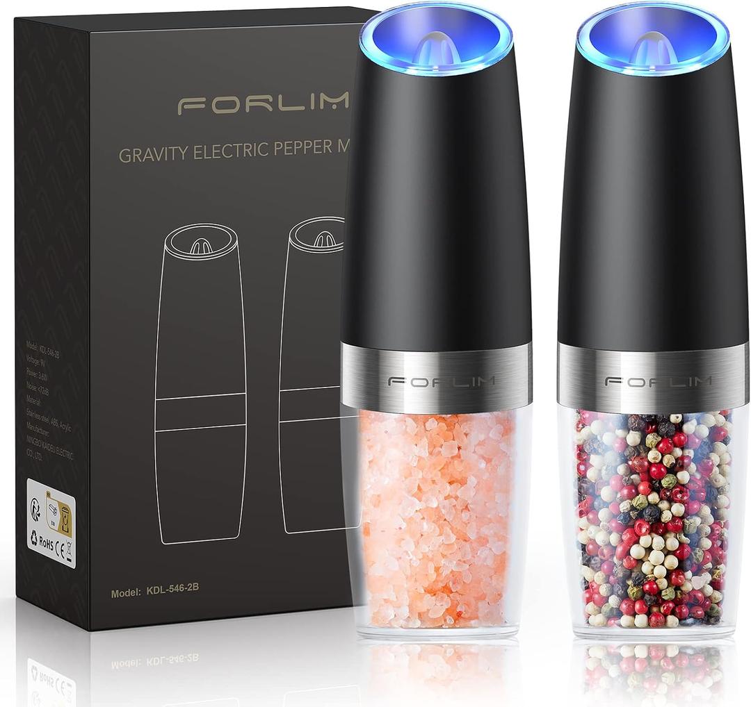 FORLIM Gravity Electric Salt and Pepper Grinder Set, Automatic Pepper Mill Grinder, Battery Powered Adjustable Coarseness with LED Light, One Hand Operation Premium Kitchen Gadget for Spices (Black)