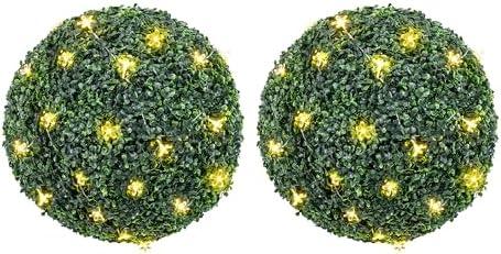 CXRCY 19.7" Diameter (2 Pcs) Boxwood Topiary Balls with Flower String Lights, Waterproof & UV Protection Artificial Plants Outdoor & Indoor with Sturdy Pot Base, Decor for Balcony, Deck and Porch