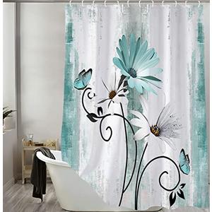 Rustic Farmhouse Happy Campers Shower Curtain, Farm Teal Daisy Floral Flowers Butterfly on Country Wooden Shower Curtain for Bathroom, Turquoise Blue Bathroom RV Camping Shower Curtains, 47X64IN