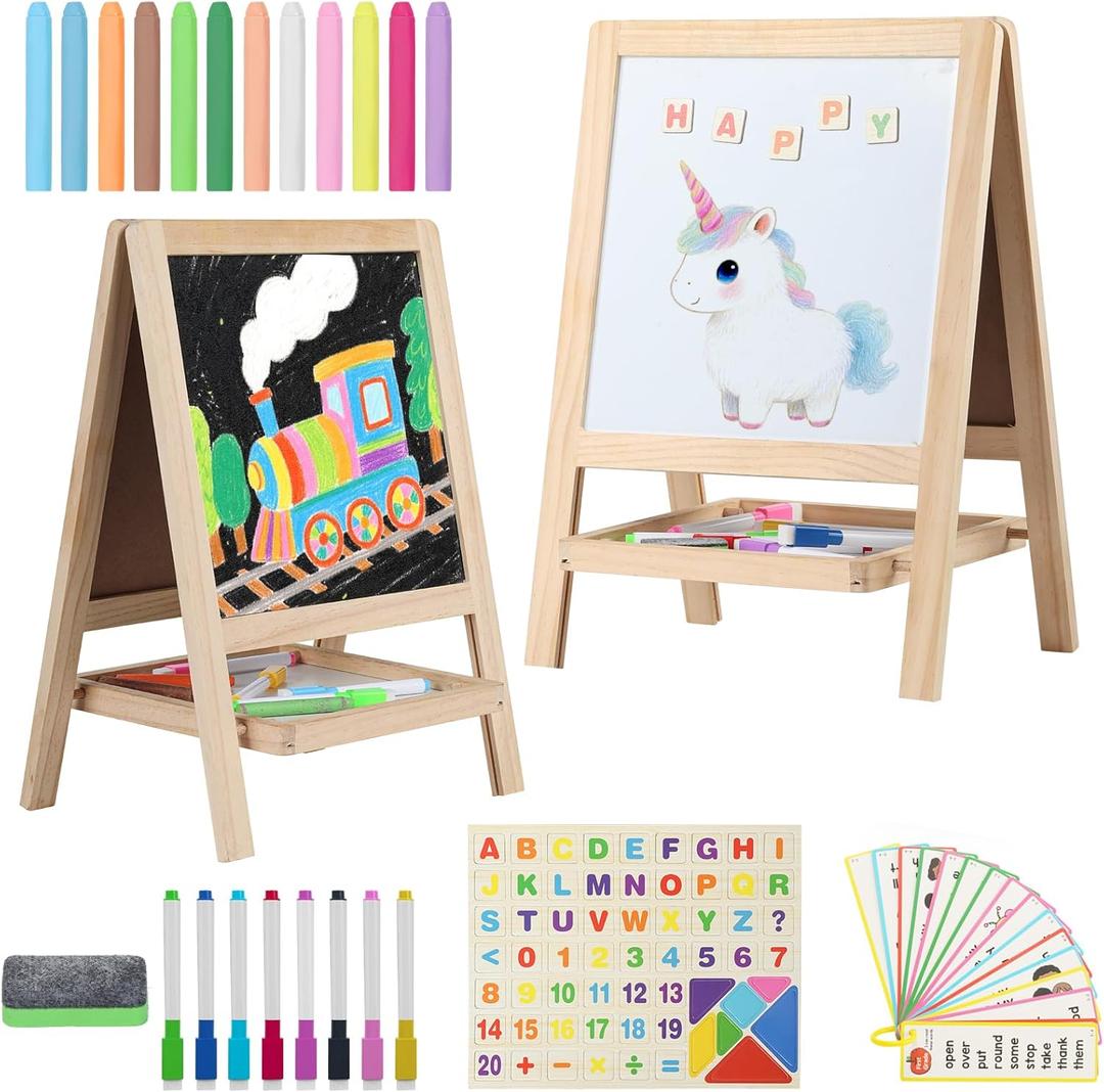 Tabletop Wooden Art Painting Easel for Kids 2-4, Chalkboard & Double-Sided Drawing Whiteboard for Toddlers, 4-in-1 Desk Easel with Magnetic Letters/Numbers & Flashcards Markers, Eraser