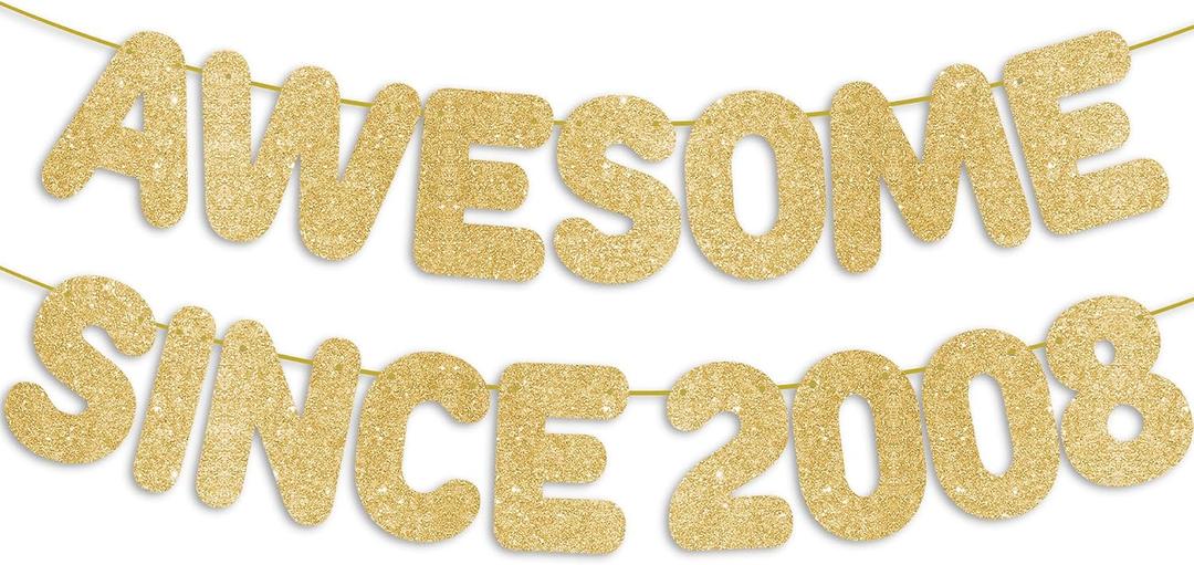 2 x Pre-Strung Awesome Since 2008 Gold Glitter Banner, Happy 18th Birthday Decorations for Girl, 18 Year Old Anniversary Party Decor for Boy