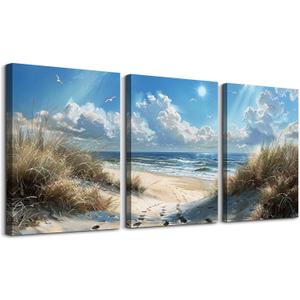TTHYUEWS Canvas Wall Art For Bedroom Wall Decor For Living Room Modern room Decorations Blue Ocean Beach Wall Paintings Sea Wave Wall Pictures Artwork for office Ready To Hang Home Decor 3 Piece