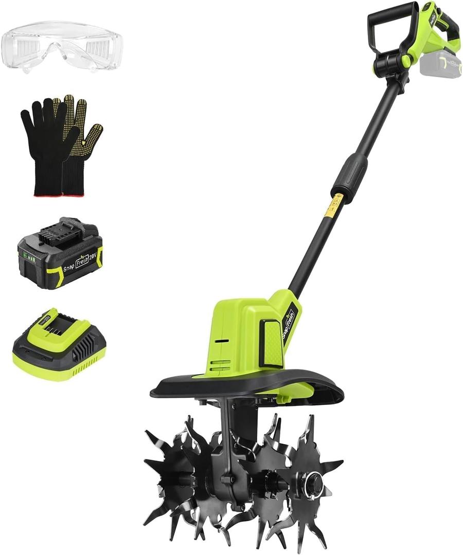 SnapFresh 20V Cordless Tiller Cultivator, 4.0Ah Battery & Fast Charger Included, 300 RPM Electric Garden Rototiller, 9 Width 6.6 Depth, 3-Speed Lightweight Handheld Soil Tiller with Steel Tines