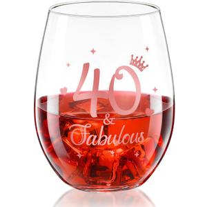 Patelai Stemless Birthday Wine Glass Birthday Gifts Present Anniversary Glasses for Man Women Party Wedding Anniversary Decorations, 17 oz(40 and Fabulous)