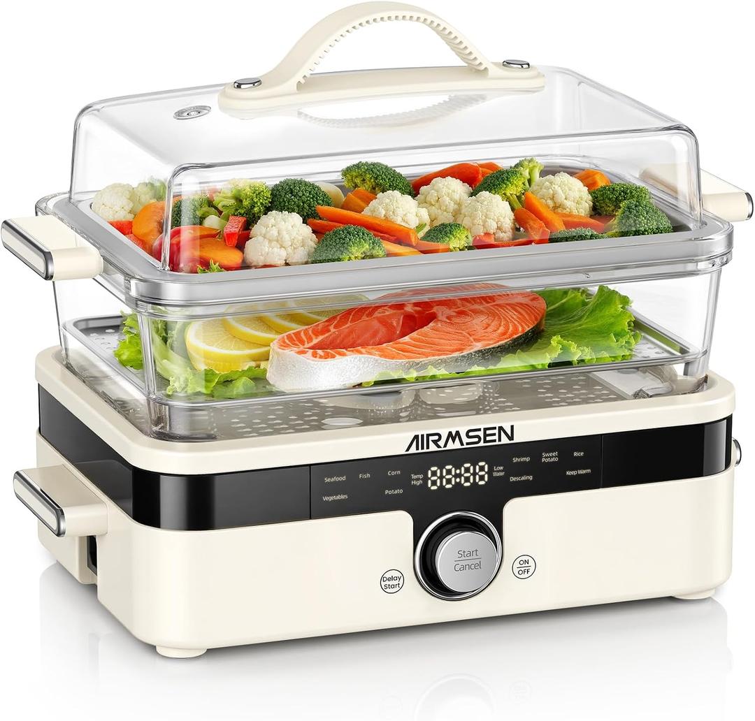 AIRMSEN Glass Food Steamer for Cooking | 8.5QT 2-Tier & External Water Tank | Oil-Free Healthy Cooking, No Plastic Food Contact, 1200W Fast Steam for Veggies, Seafood & Rice, Dishwasher Safe