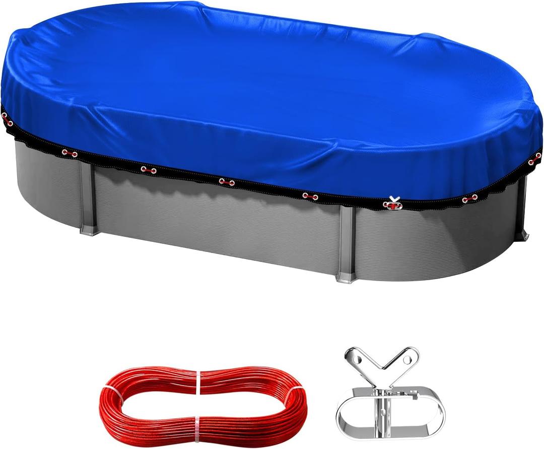 12x21 ft Oval Pool Cover for Above Ground Winter Pool,Rectangle Swimming Pools Covers,Heavy Duty Durable Tearproof Waterproof Anti-UV PE Material,Cold-Resistant Snowproof,Winch and Cable Set,Blue