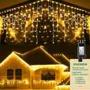 KNONEW Christmas Lights Outdoor Decorations 400 LED 33ft 8 Modes Curtain Fairy String Light with 75 Drops, Clear Wire LED String Light Indoor Decor for Wedding Party Christmas Decorations Warm White