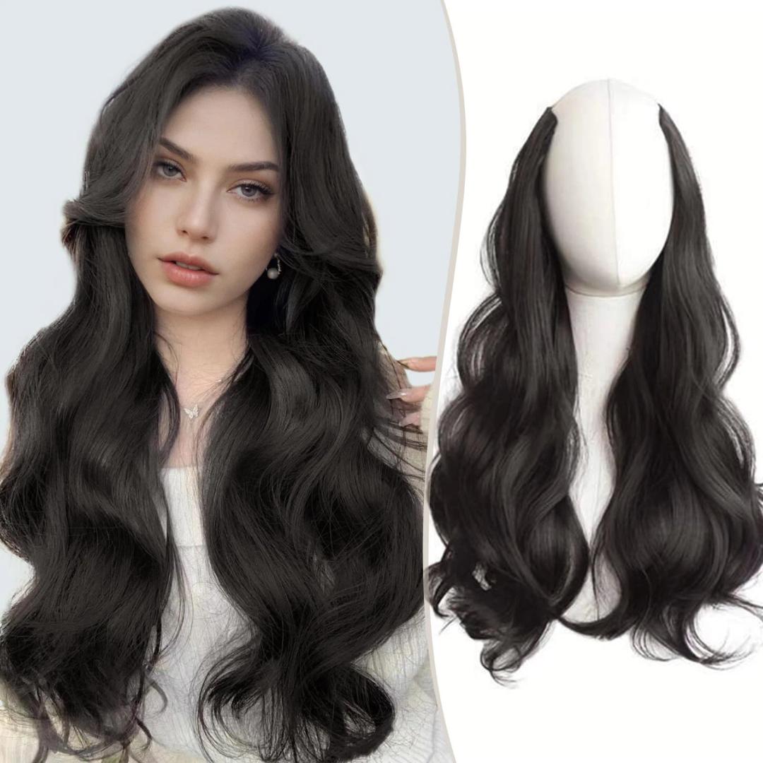 V-Shaped Clip in Extensions Synthetic Hair Extension Wavy Hair Extensions Brown-Black