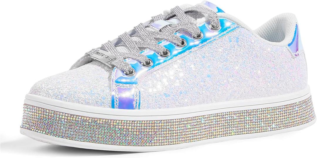LUCKY STEP Women's Platform Glitter Sneakers | Sparkly Bling Shiny Dressy Bedazzled Wedding Bridal Fashion Walking Shoes (White, US 8.5)
