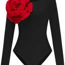 GORGLITTER Women's 3D Floral Long Sleeve Bodysuit Round Neck Casual Holiday Party Outfits Tops, XL