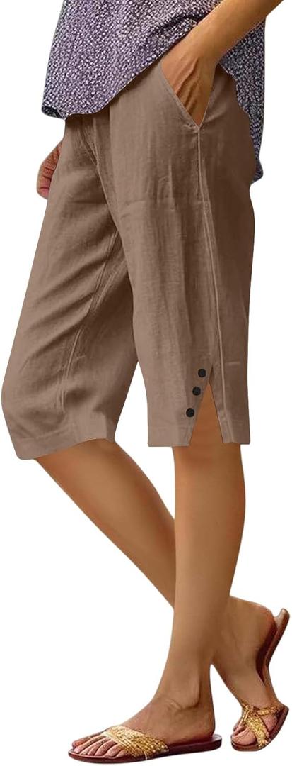 Cotton Linen Capri Pants for Women Petite Bermuda Shorts Knee Length Drawstring Pants Summer Beach Long Shorts (M)