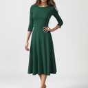 FENJAR Women's Fit and Flare Cocktail Dress Elegant 3/4 Sleeve Wedding Guest Work Formal A Line Midi Dresses(Green-XL)