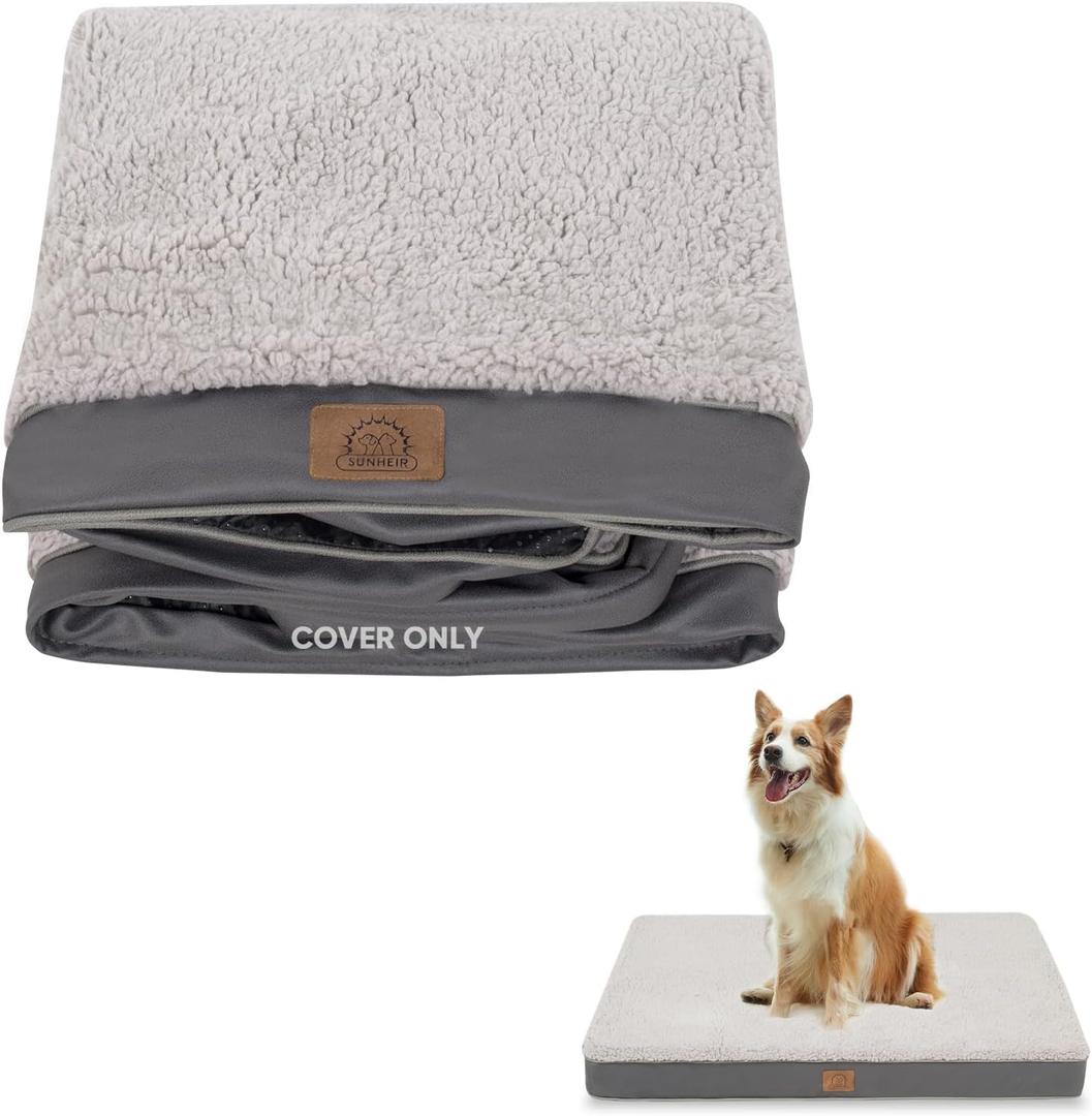 Sunheir Washable Large Dog Bed Covers Soft Plush Replacement, Waterproof Dog Bed Liner, Pet Bed Cover with Zipper 35x22x3 Inches, Grey, Cover Only