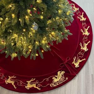 Starry Dynamo 72-Inch Velvet Christmas Tree Skirt with Gold Reindeer and Santa’s Sleigh Embroidery, Lace Tie Closures, Wine