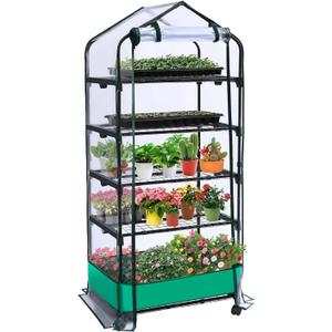 5 Tier Mini Greenhouse with Wheels for Indoor Outdoor, Portable Green House with PVC Cover and Shelves for Seedling, Greenhouse with Waterproof Mat and Cover Tape, Gardening Gifts for Women, Men