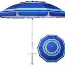AMMSUN 8 Feet Large Beach Umbrella with Sand Anchor Heavy Duty High Wind Portable Outdoor Umbrellas UV 50+ Protection Air Vent Tilt Patio Garden Pool Blue Stripe