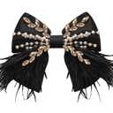 CROWN GUIDE Large Hair Bows Clips for Women Girls Silk Satin Hair Barrettes, Feather Coquette Bows Hair Ties Ribbon Bow Claw Clip Hair Accessories with Pearl Crystal Black