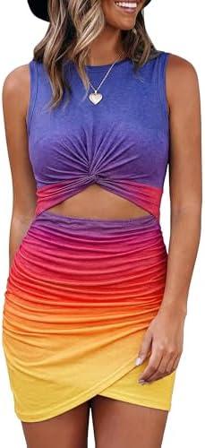 BTFBM Women 2026 Summer Dresses Sleeveless Casual Crewneck Bodycon Cutout Twist Slim Wrap Club Party Beach Mini Dress(Tie Dye Purple Yellow, Small)