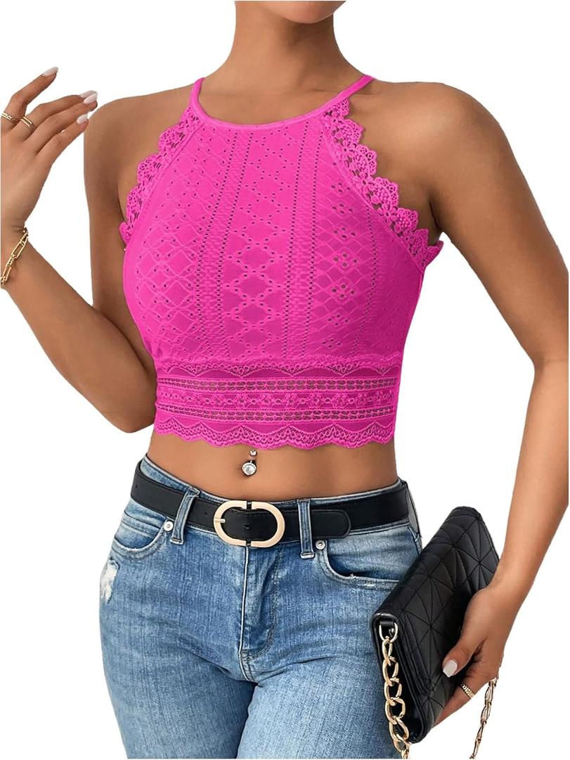 WDIRARA Women's Eyelet Halter Crop Top Lace Embroidery Slim Fitted Tops (Pink)