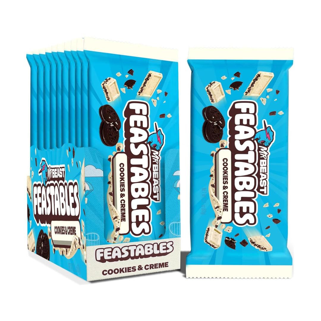 Feastables MrBeast Cookies & Creme Chocolate Bar, New Flavor, King Size Candy Bar for Adults & Kids, Candy Bars for Snacks, Gifts, or Dessert, Sweet & Creamy Fairtrade Cocoa, 2.1 Oz Each, 10 Count (EXP 04/23/26)
