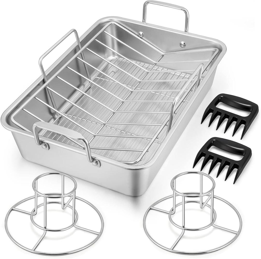 16" Roasting Pan with Rack, 7 PCS P&P CHEF Stainless Steel Turkey Roaster Lasagna Pan with Cooling Flat & V-shaped Baking Rack, Grilling Chicken Holder, Meat Shredding Claws, Dishwasher & Oven Safe