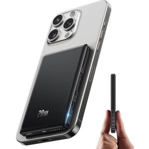 for Magsafe Battery Pack, Ultra Slim Wireless Portable Charger 5000mAh, 20W PD Magnetic Power Bank Fast Charging USB C in&Out Powerbank for iPhone 16/15/14/13/12 Mini Plus Pro Max, Metallic Black
