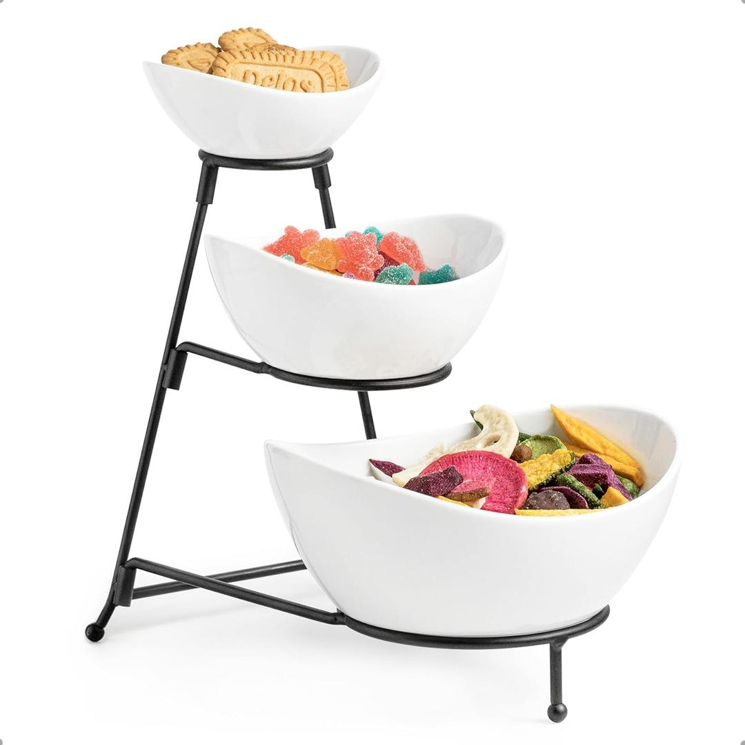 3 Tier Serving Bowls with Stand, Serving Dishes Chips and Dip Serving Set for Entertaining Party, Ceramic Serving Bowl Food Display for Fruit Salad Soup Snacks, Microwave & Dishwasher Safe (Large, Black)