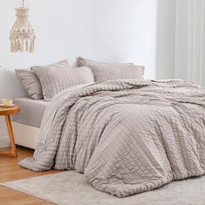 Love's cabin Seersucker Burlwood King Size Comforter Set 7 Pieces, King Bed in a Bag, All Season Bedding Set with Comforter, Flat Sheet, Fitted Sheet, Pillowcase and Pillow Sham (King (102"X90"))