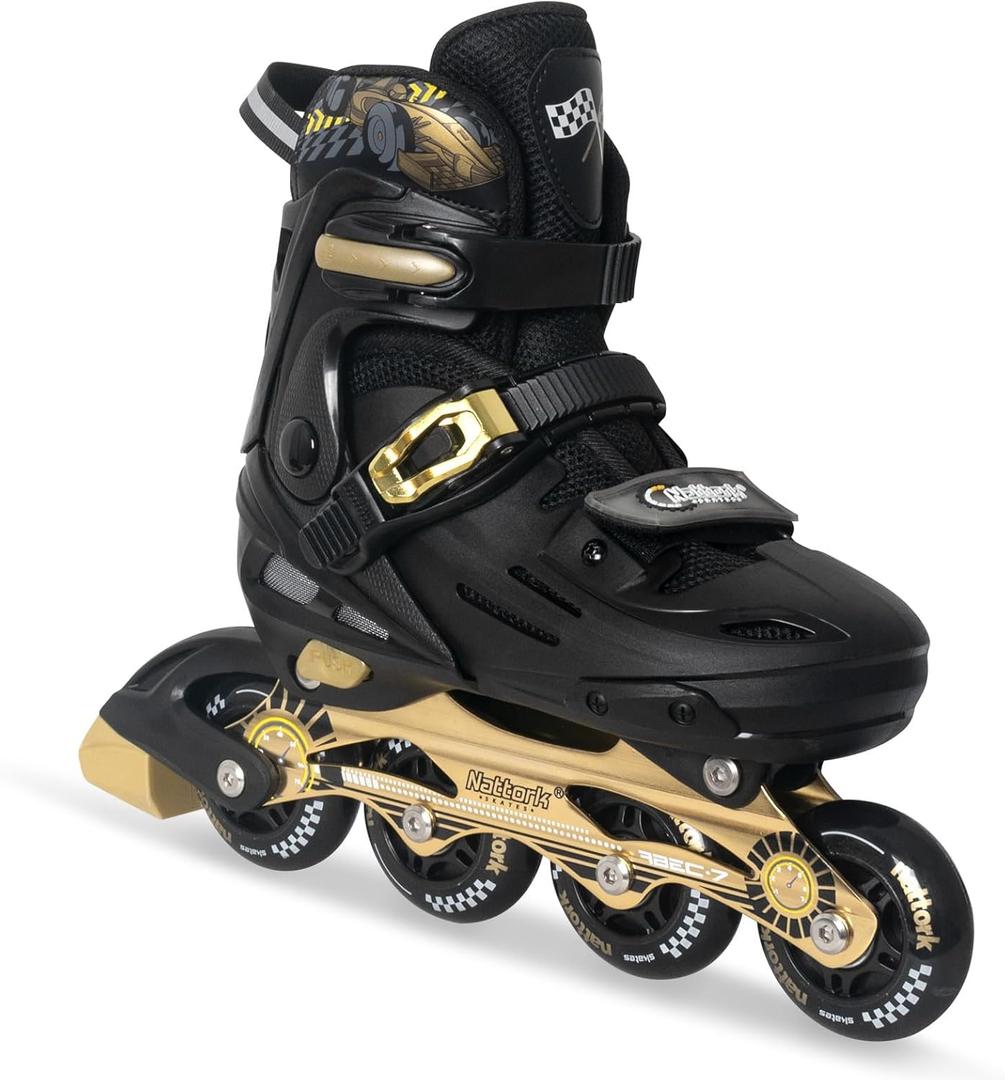 Nattork Kids Inline Skates Adjustable Light up Wheels Blades Roller for Boys Girls- TeenYouth Age 6-12 - Cool Racing Car Decorations Indoor Outdoor Birthday Gift for Son and Grandson (Medium(13C-3 US), Golden)