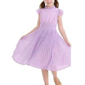 PATPAT Girls Casual Ruffle Sleeves Dresses A-line Elegant Midi Party Dress 12_13 Years Purple