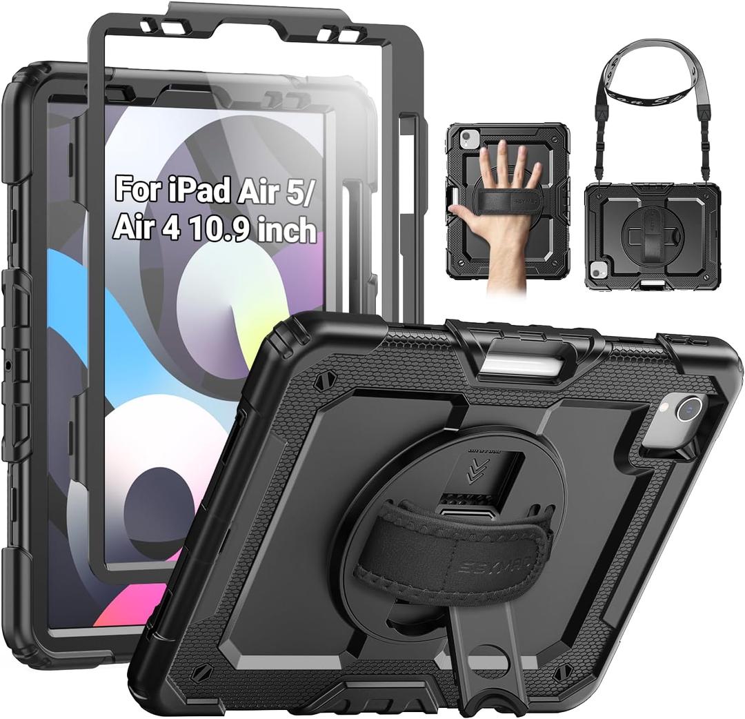 SEYMAC for iPad Air 5th/ 4th Generation Case 10.9 Inch, Full-Body Shockproof Protective Case with Screen Protector, Rotating Stand/Handle/Shoulder Strap/Pencil Holder for iPad Air 5/ Air 4, Black