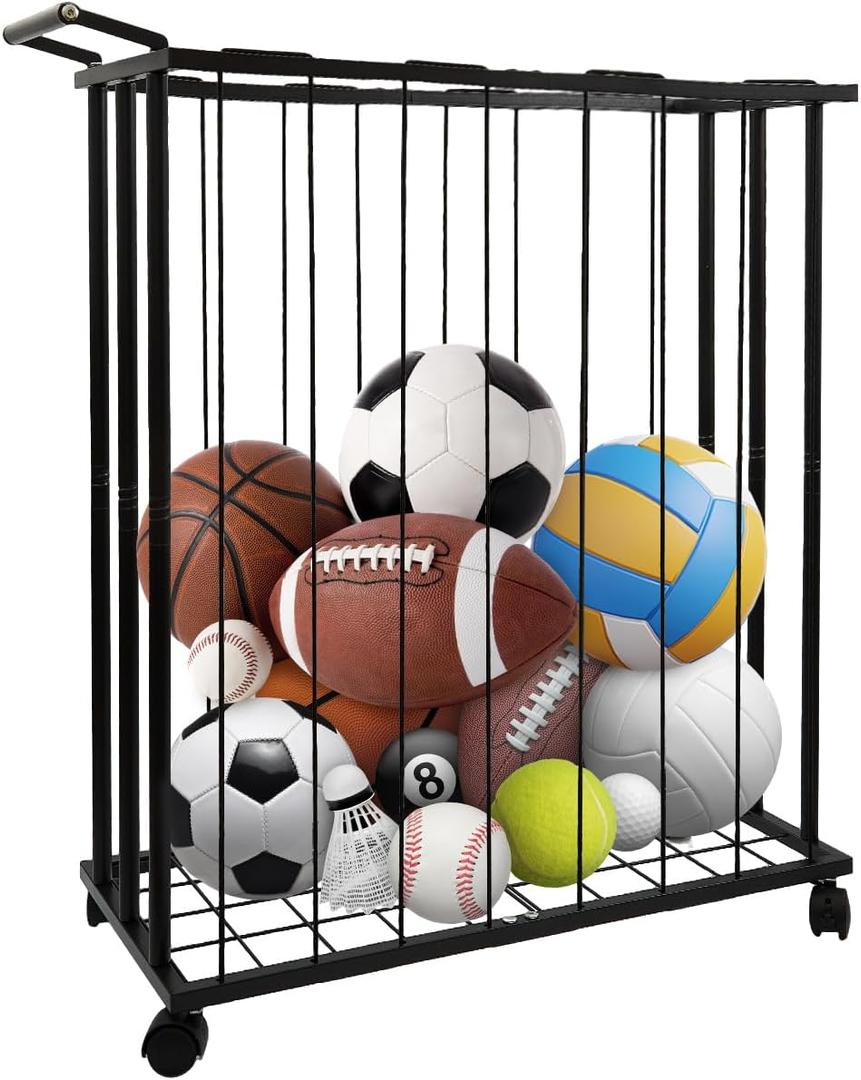 Large Garage Ball Storage Rack with WheelsRolling Sports Equipment Organizer Freestanding Ball Holder for Basketball Soccer Volleyball FootballSports Ball Storage for Garage Gym School Home