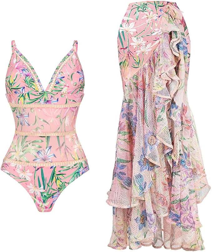 Swimsuit Tropical High Waist Bathing Suit with Cover Up Long Skirt M