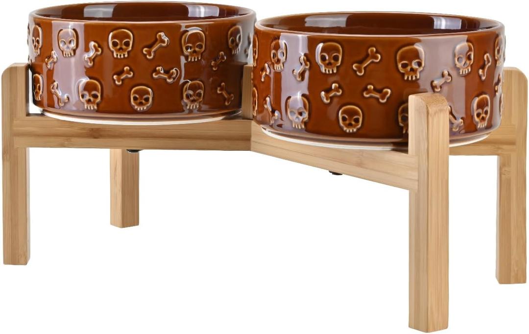 SPUNKYJUNKY Elevated Dog Bowls Ceramic, 7.3'' Dogs Food Water Bowls Raised with Non-Slip Bamboo Stand for Medium to Large Sized Breed Microwave Dishwasher Safe - 42 OZ,Skull Bronze (7.3 in - 5.3 cups)