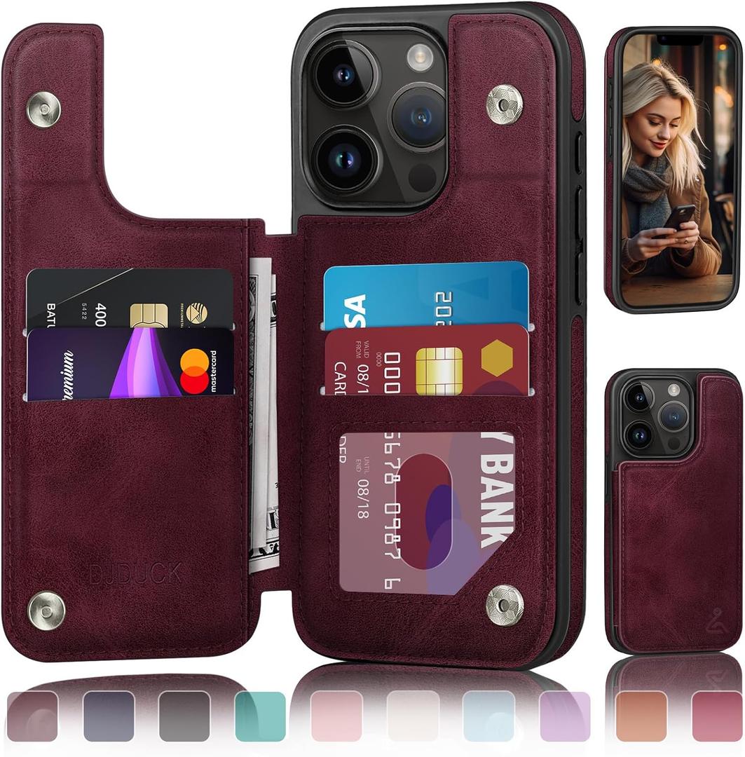 DJDUCK Designed for iPhone 13 Pro Max Case Wallet with Card Holder, [Magnetic Clasp Cover] [RFID Blocking Leather Protection] Shockproof Women Men Cases 6.7 Inch for Apple 13 Pro Max Wine Red