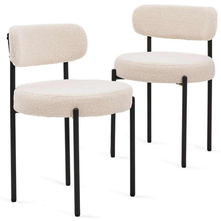 Set of 2 White Boucle Dining Chairs - Curved Back &amp; Black Metal Legs, Mid-Century Modern Kitchen Seating. 19.69" Seat, Comfortable Sponge Fill.