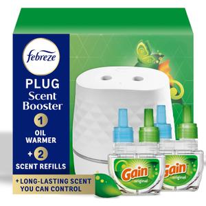Febreze Plug Scent Booster Starter Kit  Air Freshener, Oil Diffuser, Continuous Scent Device, Includes 2 Gain Refills