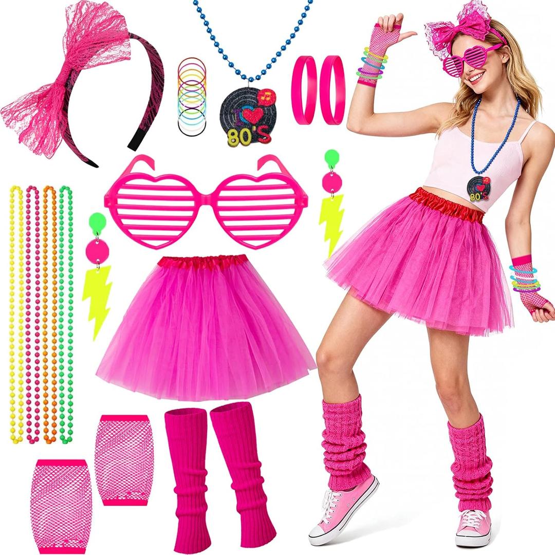 80s Costumes Accessories Set for Women1980s Theme Party Retro Neon Outfits Halloween Party Outfit (Pink)