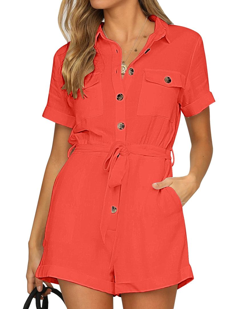 GRAPENT Women's Cherry Tomato Red Summer Button Down 100 Cotton Rompers Casual Short Sleeve Pockets Belted Short Jumpsuits Playsuits for Women Size Large (Orange, L)