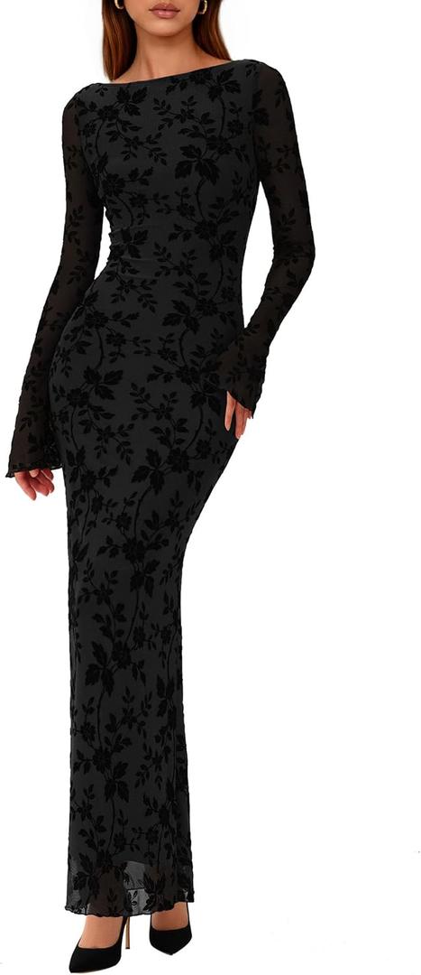 PRETTYGARDEN Women's Floral Bodycon Maxi Dress 2026 Spring Elegant Mesh Long Sleeve Formal Wedding Guest Cocktail Dresses (Black, Extra Small)