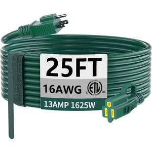HUANCHAIN Indoor Outdoor Green Extension Cord 25 ft Waterproof, 16/3 Gauge Flexible Cold-Resistant Appliance Extension Cord Outside, 13A 1625W 16AWG SJTW, 3 Prong Electric Cable, ETL