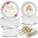 200PCS Fairytale Princess Plates and Napkins Once Upon a Time Party Tableware Set Plates for Wedding Girl Pink Floral Gold Castle Dinnerware for Birthday Party Baby Shower Decoration Supplies Serve 50