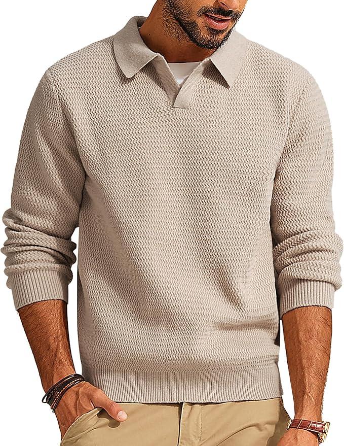 PJ PAUL JONES Mens Sweater V Neck Pullover Sweater Long Sleeve Cable Knit Textured Sweater (Beige, S)