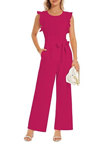 BSXIJIE Women’s Summer Causal Crew Neck Jumpsuits Ruffle Cap Sleeve Belted High Waist Wide Leg One Piece Pants Romper XJ1044 fuchisa XL