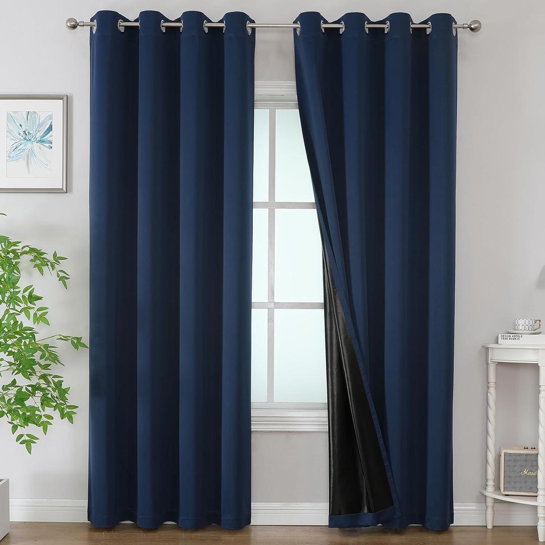 Estelar Textiler Navy Blue 100% Blackout Curtains for Bedroom, Thermal Insulated Full Room Darkening Window Curtains 90 Inches Long 2 Panels for Living Room, Full Light Blocking Grommet Drapes, 52Wx90L