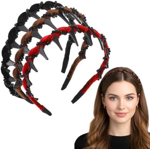 3 x 3Pcs Vintage High Cranium Artificial Pearl Hairband Non-Slip Knotted Pearl Headband Bridal Hair Hoop Rhinestone Wedding Party Headwear Band with Teeth Grip Elegant Hair Accessories for Women Girls