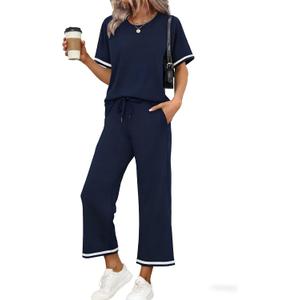 Two Piece Sets for Women Wide Leg Pants Beach Vacation Clothes Summer Outfits Travel Mock Neck Lounge Sets (Blue, XXL)